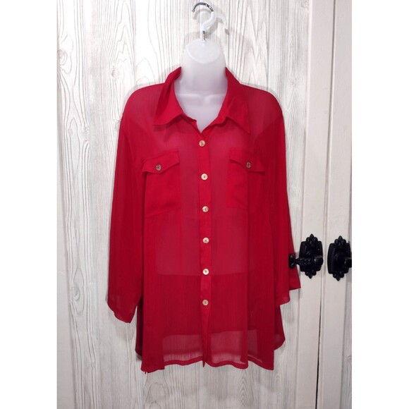 Linea By Louis Dell'Olio Red Sheer Button Front Blouse Size 1X - Picture 1 of 15